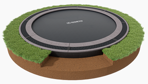 Trampoline with grass around it on a white background