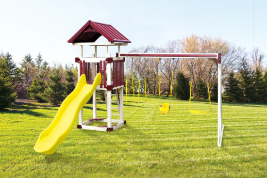 Children's playset with a yellow slide and swing set