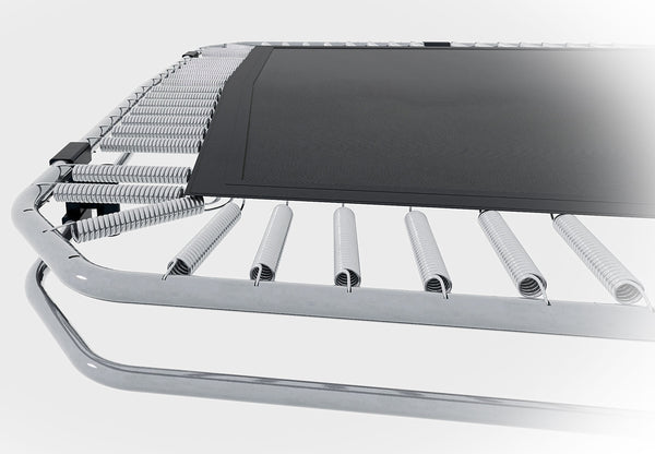 Close-up of a trampoline with springs and a black mat