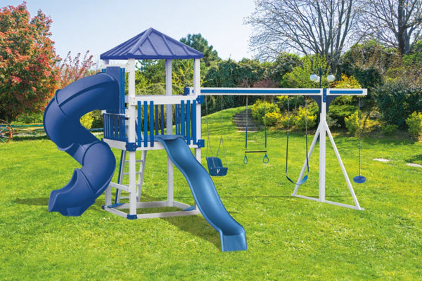 Playground set with blue slides and swings