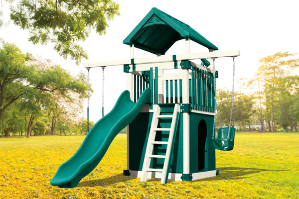 Children's playset with green slide and swings in a park setting