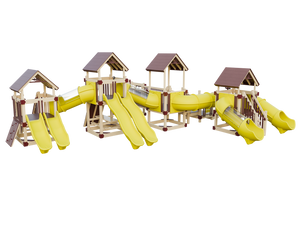 A colorful children's playground set featuring slides and play areas designed to look like a small town with houses.