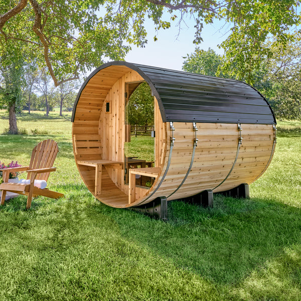 Paxton Outdoor Barrel Sauna with Porch – 4-6 Person – Sauna