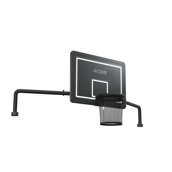 Basketball backboard and hoop system with ACON branding