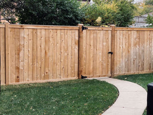 Cedar board privacy fence and matching gate along a curved walkway in a North Shore backyard with turning fall trees behind