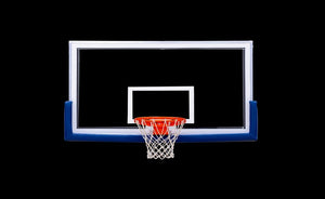 Basketball backboard with orange rim and white net shown on a black studio background