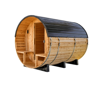 Transparent-background main image for Paxton Outdoor Barrel Sauna with Porch – 4-6 Person