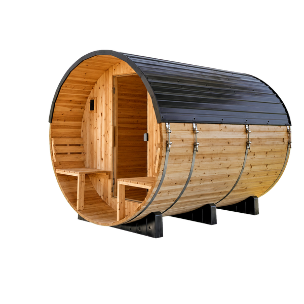 Transparent-background main image for Paxton Outdoor Barrel Sauna with Porch – 4-6 Person