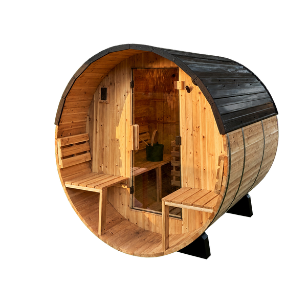 Approved transparent-background main image for Paxton Outdoor Barrel Sauna with Porch – 2-4 Person