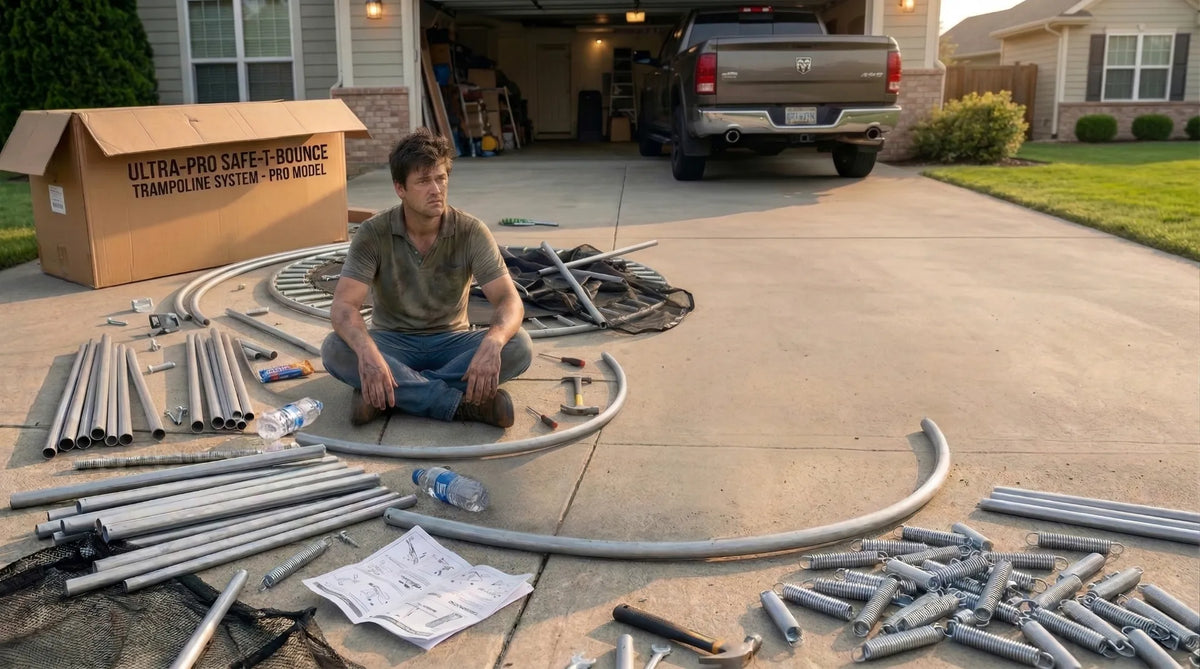 A person sitting on a driveway surrounded by unassembled trampoline parts and an Ultra-Pro trampoline box