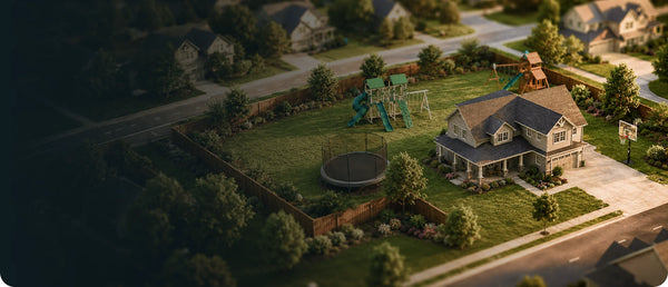 Aerial view of a suburban home with a wooden playset and round trampoline in the backyard