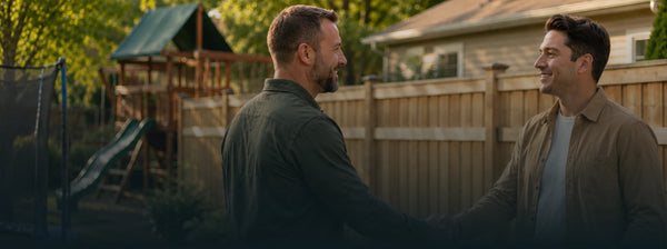 A Fenceworks team member shaking hands with a homeowner in a backyard with a playset and trampoline