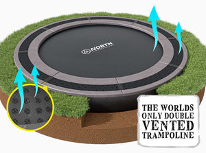Trampoline with double-vented feature on grass, featuring Aworth branding.