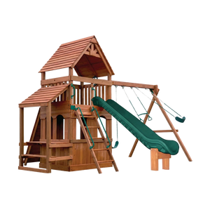 Adventure Castle wooden playset with a covered clubhouse, green wave slide and two swings
