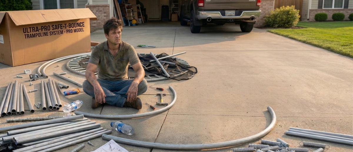 A person sitting on a driveway surrounded by unassembled trampoline parts