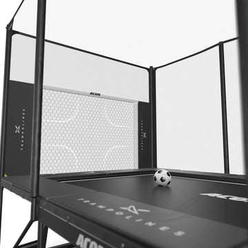 Trampoline with enclosed safety net and visible branding