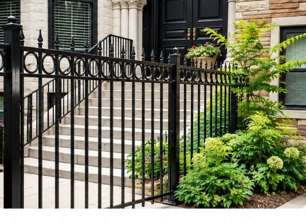 Black aluminum fence with ring accents along front steps