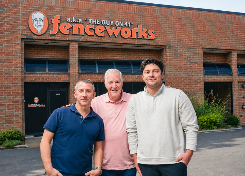 Three generations of the Fenceworks family outside the Northbrook showroom, beneath the a.k.a. The Guy on 41 sign