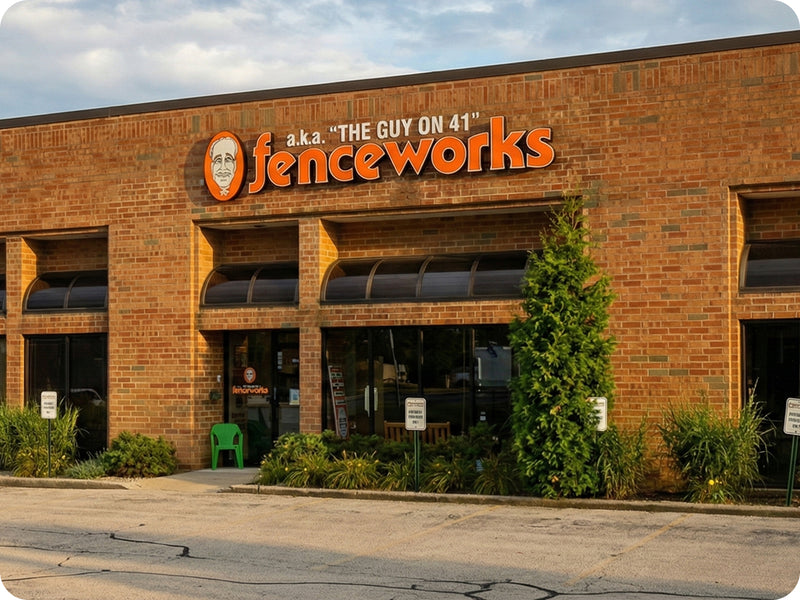 Brick storefront of the Fenceworks Northbrook showroom with "a.k.a. The Guy on 41" signage