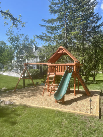 Playground One cedar play set installed by Fenceworks in the Chicago area