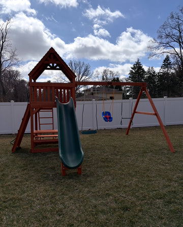 Playground One cedar play set installed by Fenceworks in the Chicago area