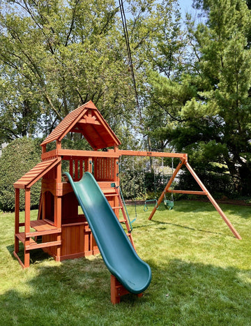 Playground One cedar play set installed by Fenceworks in the Chicago area