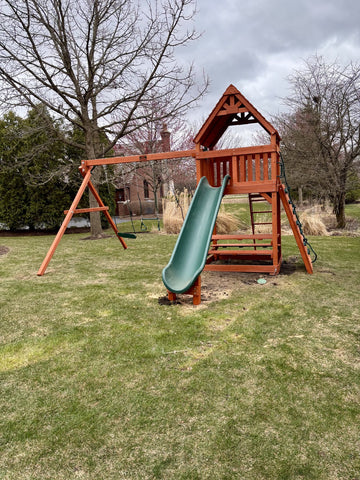 Playground One cedar play set installed by Fenceworks in the Chicago area