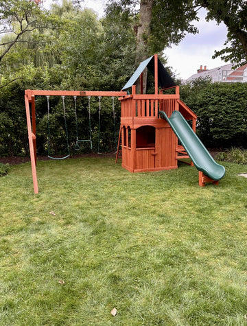 Playground One cedar play set installed by Fenceworks in the Chicago area