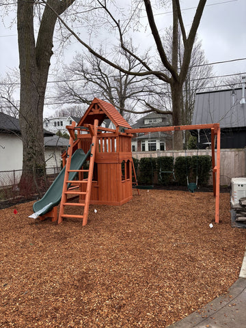 Playground One cedar play set installed by Fenceworks in the Chicago area
