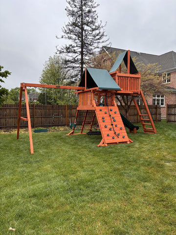 Playground One cedar play set installed by Fenceworks in the Chicago area