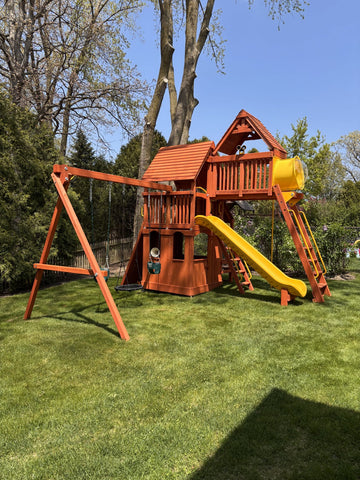 Playground One cedar play set installed by Fenceworks in the Chicago area