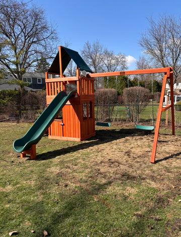 Playground One cedar play set installed by Fenceworks in the Chicago area