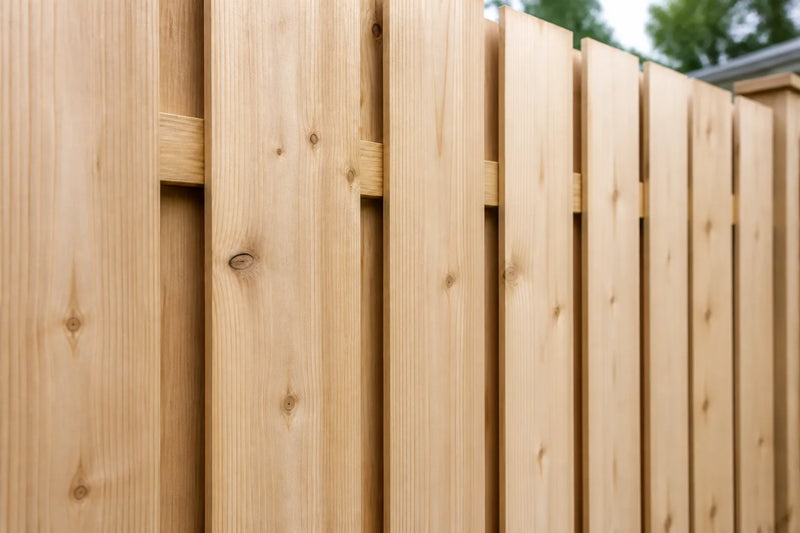 Michigan white cedar privacy fence with pale, natural-toned vertical boards