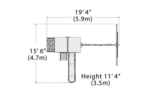 Overhead layout drawing with the play set's length, width and height