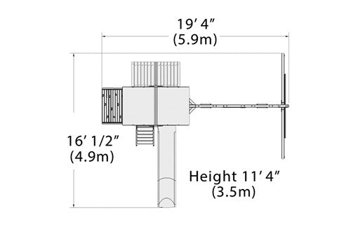 Overhead layout drawing with the play set's length, width and height