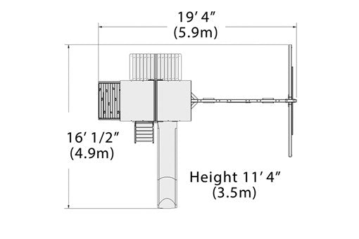 Overhead layout drawing with the play set's length, width and height