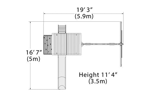 Overhead layout drawing with the play set's length, width and height