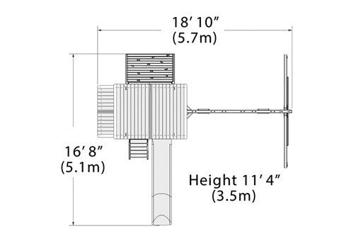 Overhead layout drawing with the play set's length, width and height