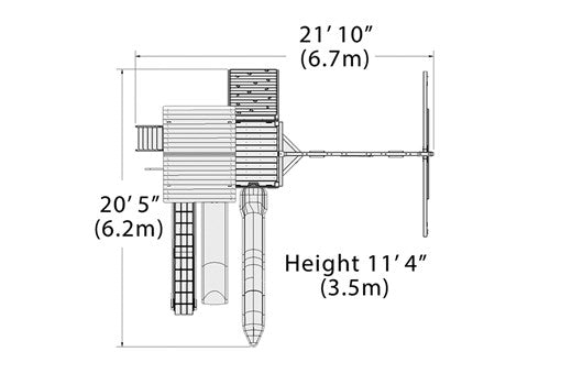 Overhead layout drawing with the play set's length, width and height