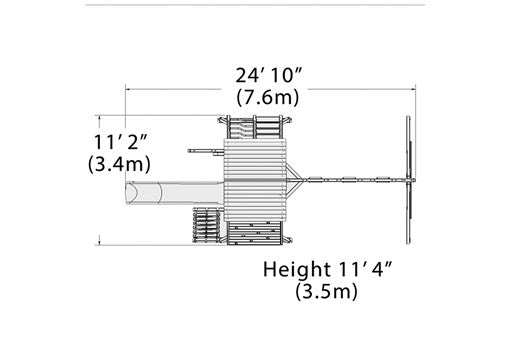 Overhead layout drawing with the play set's length, width and height