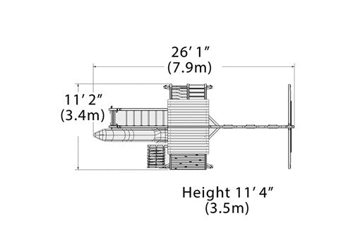 Overhead layout drawing with the play set's length, width and height