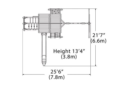 Overhead layout drawing with the play set's length, width and height