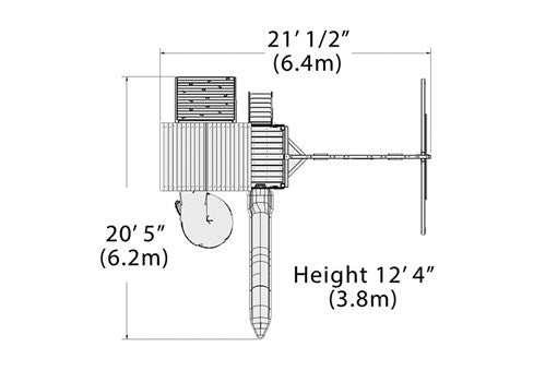 Overhead layout drawing with the play set's length, width and height