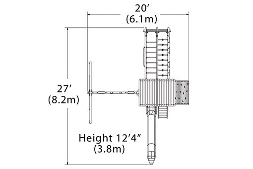 Overhead layout drawing with the play set's length, width and height