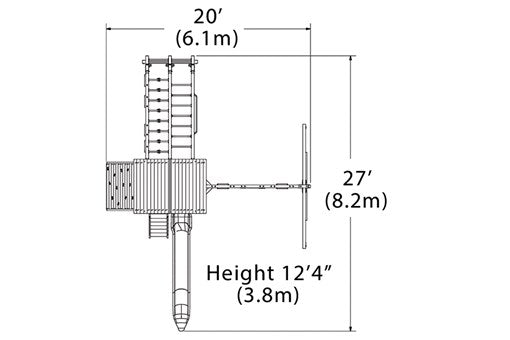 Overhead layout drawing with the play set's length, width and height