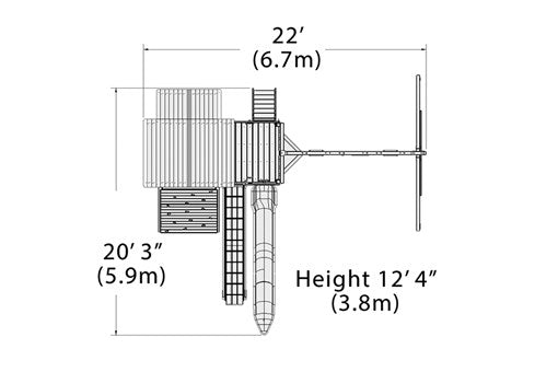 Overhead layout drawing with the play set's length, width and height