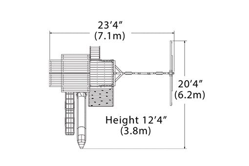 Overhead layout drawing with the play set's length, width and height
