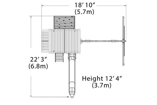 Overhead layout drawing with the play set's length, width and height