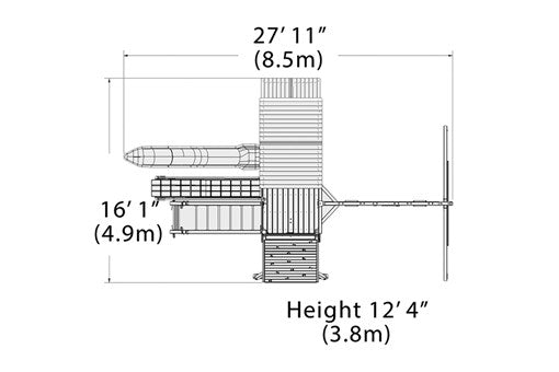 Overhead layout drawing with the play set's length, width and height