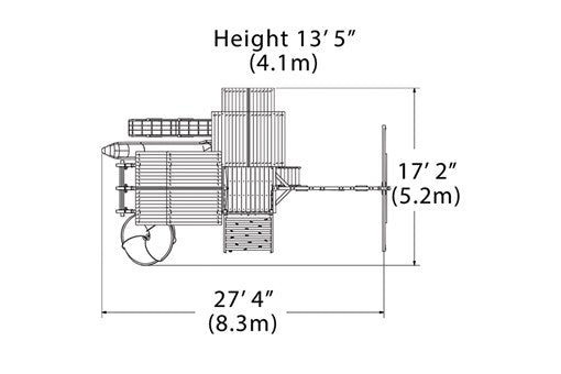 Overhead layout drawing with the play set's length, width and height